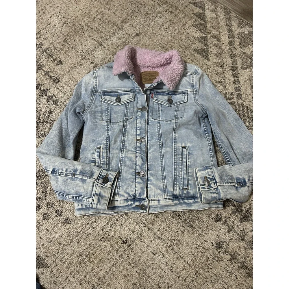 Girls Levi's Denim Jacket Pink Sherpa Lined Size Large 12-13 Years